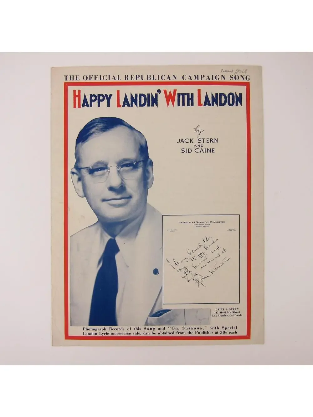 Alf Landon Presidential Campaign 1936 Sheet Music Happy Landin' With Landon